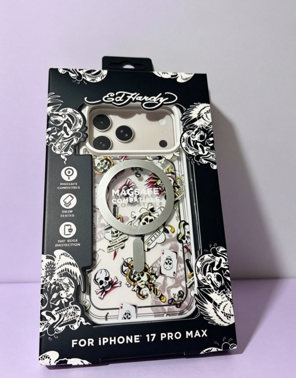 Ed Hardy Black and White Graphic Phone Case Box